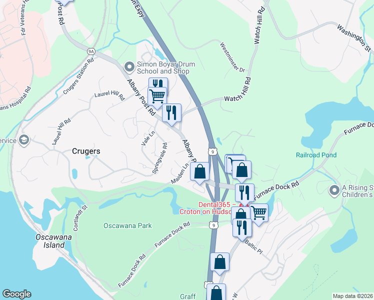 map of restaurants, bars, coffee shops, grocery stores, and more near 2038 Albany Post Road in Croton-on-Hudson