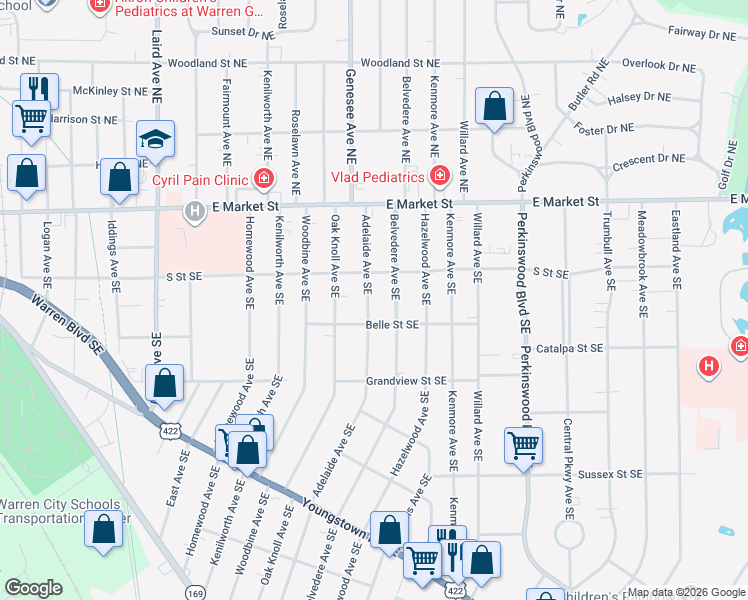 map of restaurants, bars, coffee shops, grocery stores, and more near 357 Adelaide Avenue Southeast in Warren