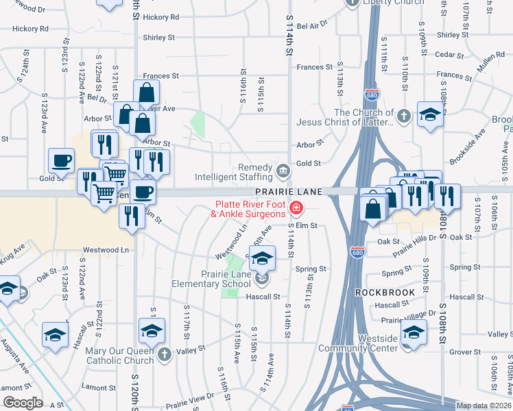 map of restaurants, bars, coffee shops, grocery stores, and more near 11517 Westwood Lane in Omaha