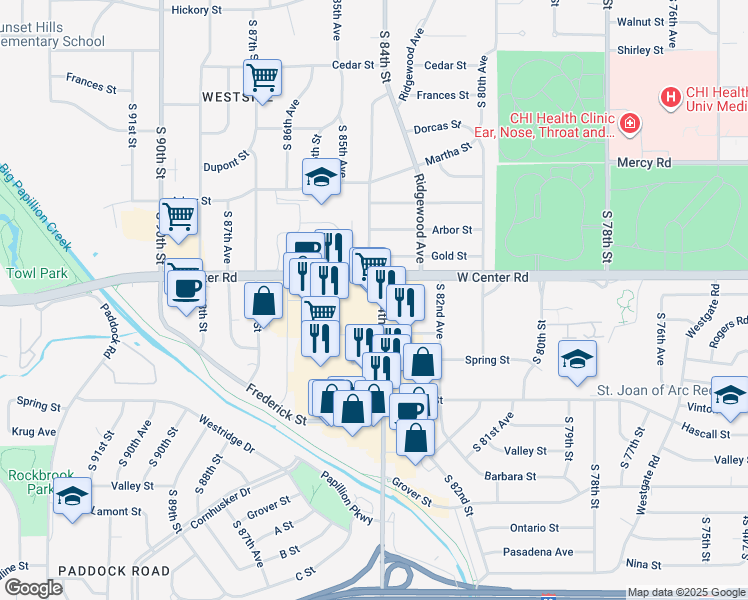 map of restaurants, bars, coffee shops, grocery stores, and more near 2804 South 84th Street in Omaha
