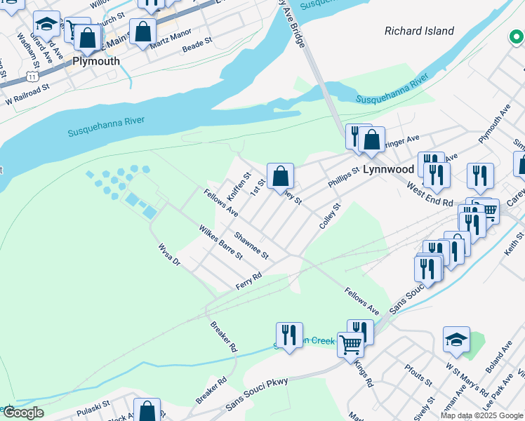 map of restaurants, bars, coffee shops, grocery stores, and more near 16 Garrahan Street in Wilkes-Barre