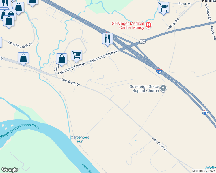 map of restaurants, bars, coffee shops, grocery stores, and more near 291 John Brady Drive in Muncy