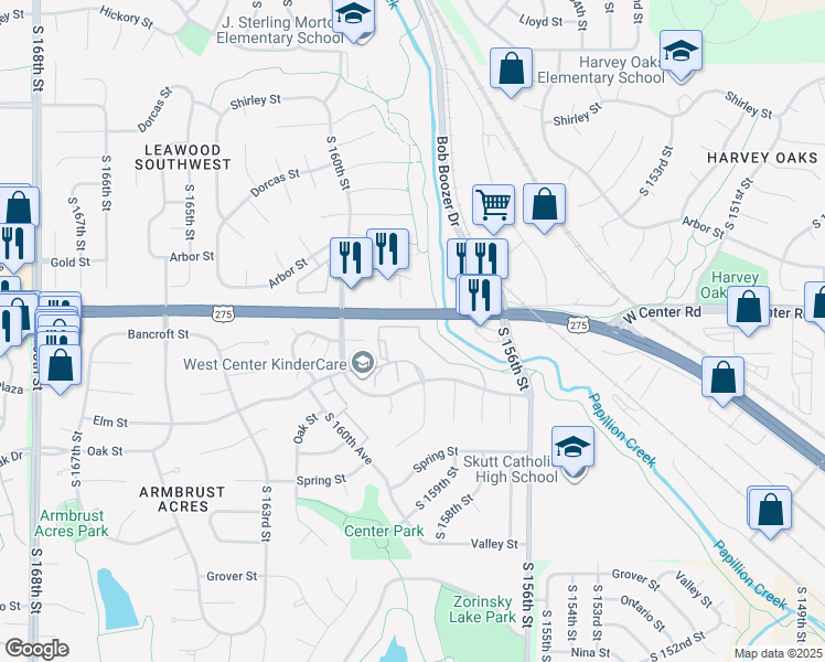 map of restaurants, bars, coffee shops, grocery stores, and more near 15921 Bancroft Court in Omaha