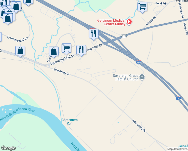 map of restaurants, bars, coffee shops, grocery stores, and more near 291 John Brady Drive in Muncy
