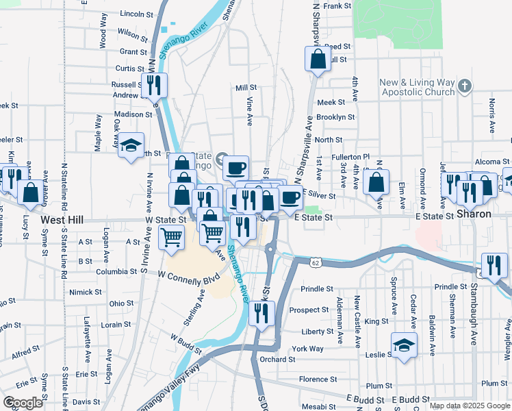 map of restaurants, bars, coffee shops, grocery stores, and more near 150 Pitt Street in Sharon