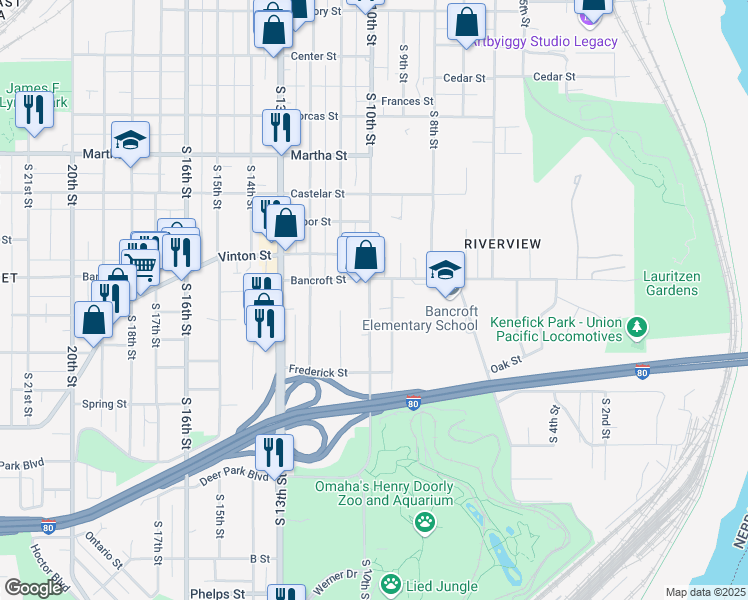 map of restaurants, bars, coffee shops, grocery stores, and more near 2721 South 10th Street in Omaha
