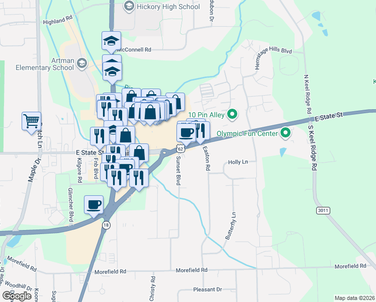 map of restaurants, bars, coffee shops, grocery stores, and more near 3560 East State Street in Hermitage
