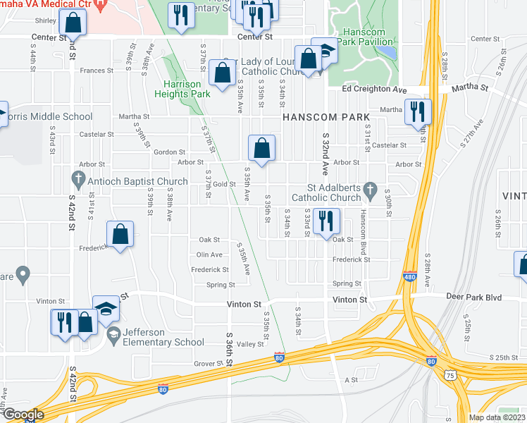 map of restaurants, bars, coffee shops, grocery stores, and more near 2806 South 35th Street in Omaha