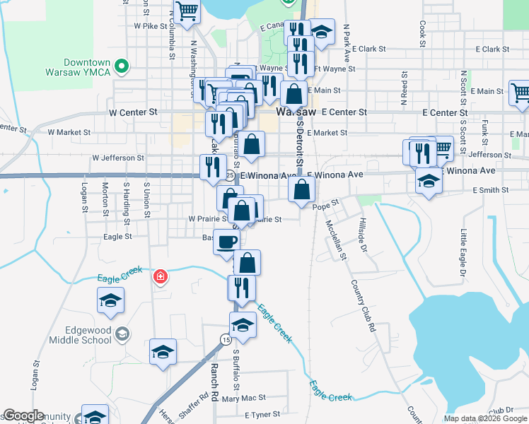 map of restaurants, bars, coffee shops, grocery stores, and more near 513 South Indiana Street in Warsaw