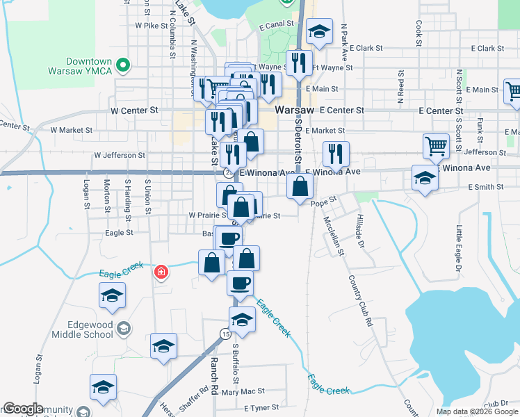 map of restaurants, bars, coffee shops, grocery stores, and more near 513 South Indiana Street in Warsaw