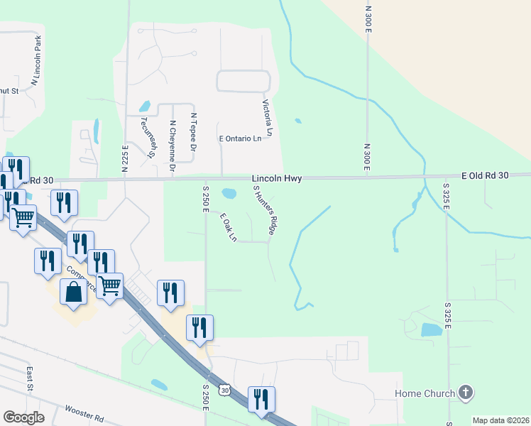 map of restaurants, bars, coffee shops, grocery stores, and more near 105 S Hunters Ridge in Warsaw