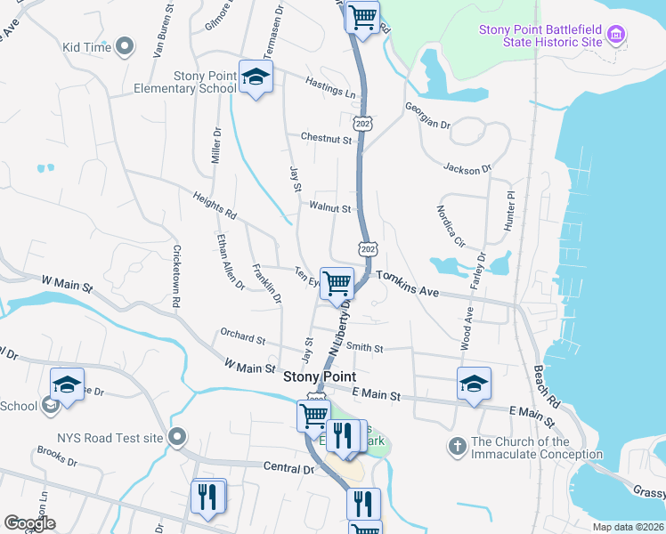 map of restaurants, bars, coffee shops, grocery stores, and more near 7 Bay View Drive in Stony Point