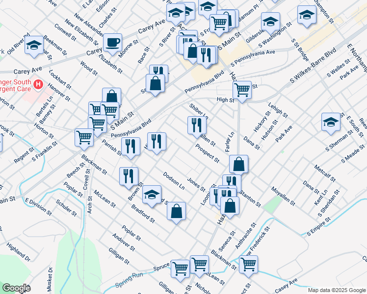 map of restaurants, bars, coffee shops, grocery stores, and more near 144 Stanton Street in Wilkes-Barre