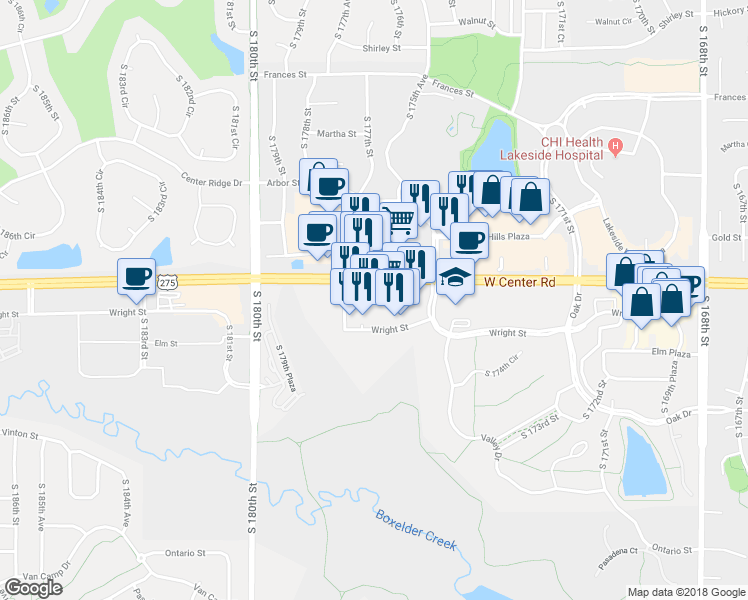 map of restaurants, bars, coffee shops, grocery stores, and more near 17650 Wright Street in Omaha
