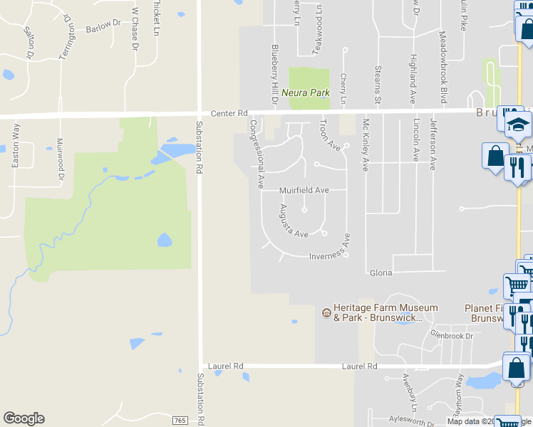 map of restaurants, bars, coffee shops, grocery stores, and more near 1525 Congressional Avenue in Brunswick