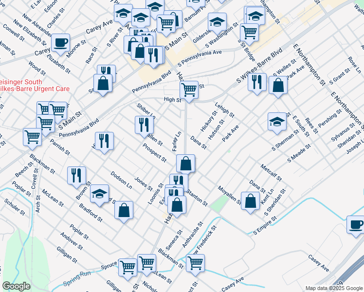 map of restaurants, bars, coffee shops, grocery stores, and more near 271 Hazle St in Wilkes-Barre