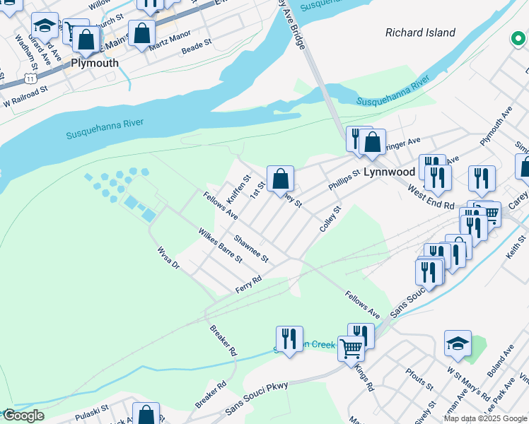 map of restaurants, bars, coffee shops, grocery stores, and more near 18 Garrahan Street in Wilkes-Barre