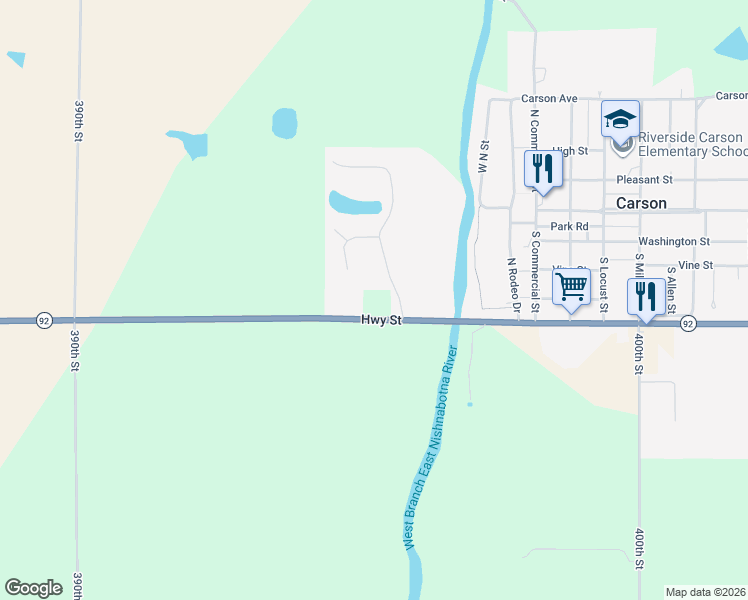 map of restaurants, bars, coffee shops, grocery stores, and more near 39612 Iowa 92 in Carson