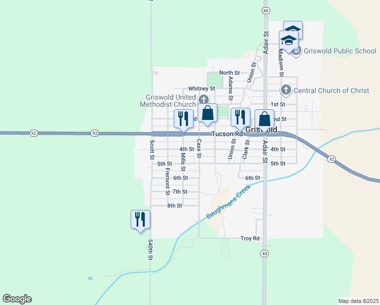 map of restaurants, bars, coffee shops, grocery stores, and more near 404 4th Street in Griswold