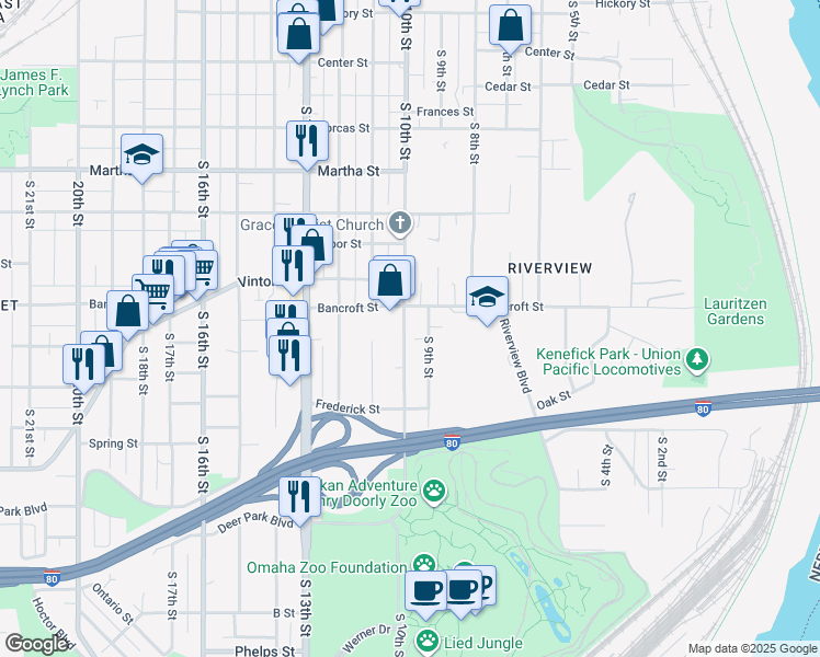 map of restaurants, bars, coffee shops, grocery stores, and more near 2721 South 10th Street in Omaha