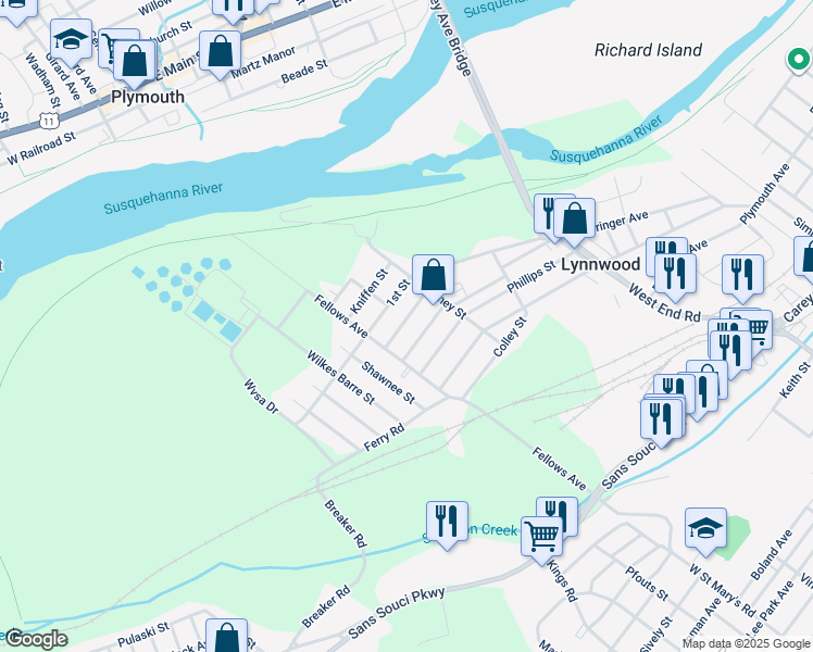 map of restaurants, bars, coffee shops, grocery stores, and more near 18 Garrahan Street in Wilkes-Barre
