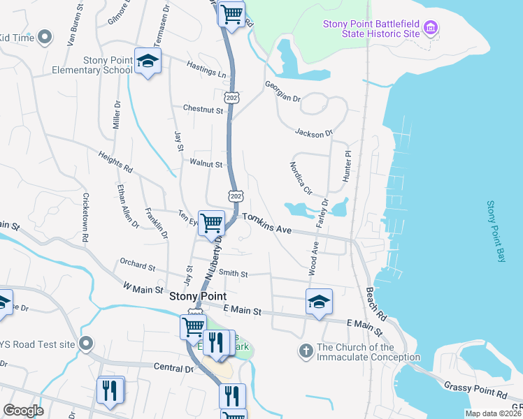 map of restaurants, bars, coffee shops, grocery stores, and more near 15 Hoover Place in Stony Point