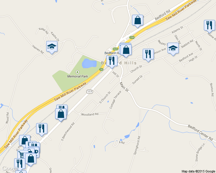 map of restaurants, bars, coffee shops, grocery stores, and more near 26 Burbank Avenue in Bedford Hills