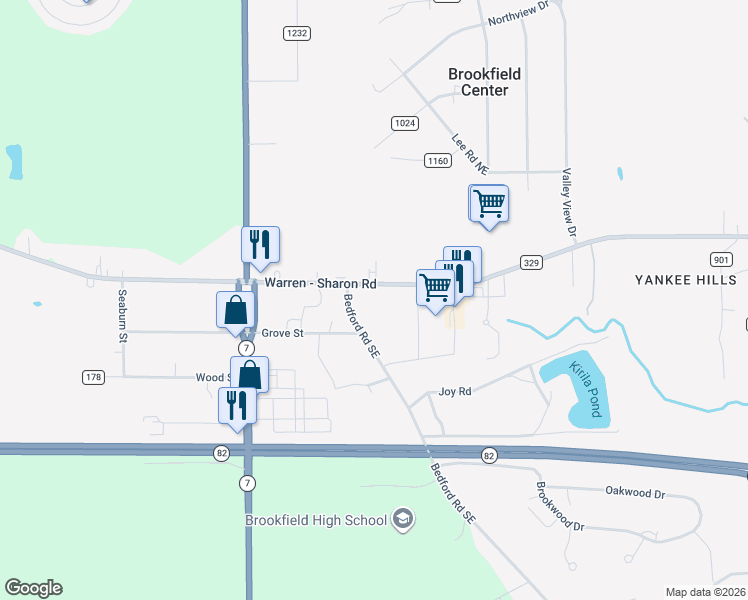 map of restaurants, bars, coffee shops, grocery stores, and more near 7100 Warren - Sharon Road in Brookfield Center