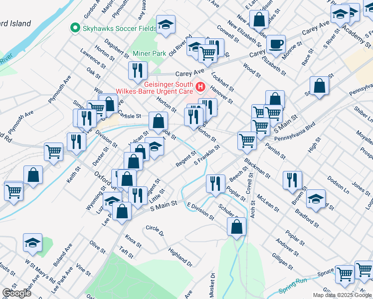 map of restaurants, bars, coffee shops, grocery stores, and more near 42 Brook Street in Wilkes-Barre