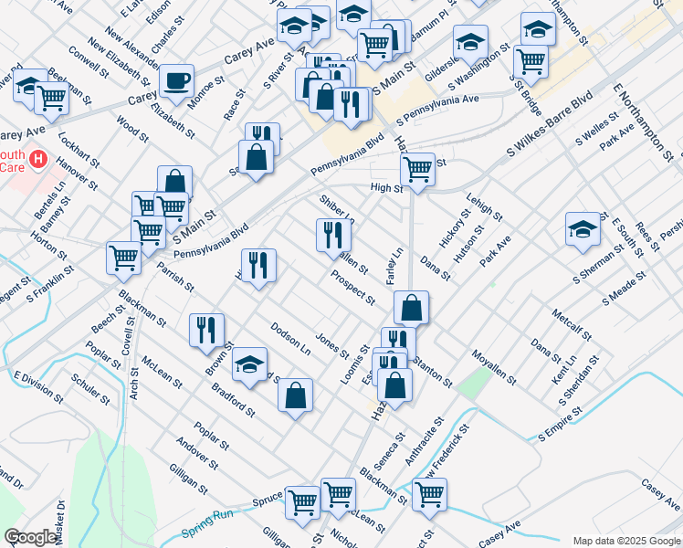 map of restaurants, bars, coffee shops, grocery stores, and more near 104 Prospect Street in Wilkes-Barre