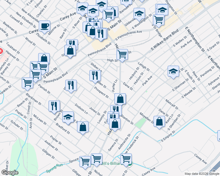 map of restaurants, bars, coffee shops, grocery stores, and more near 138 Moyallen Street in Wilkes-Barre