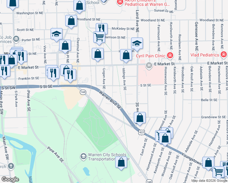 map of restaurants, bars, coffee shops, grocery stores, and more near 341 Charles Avenue Northeast in Cortland