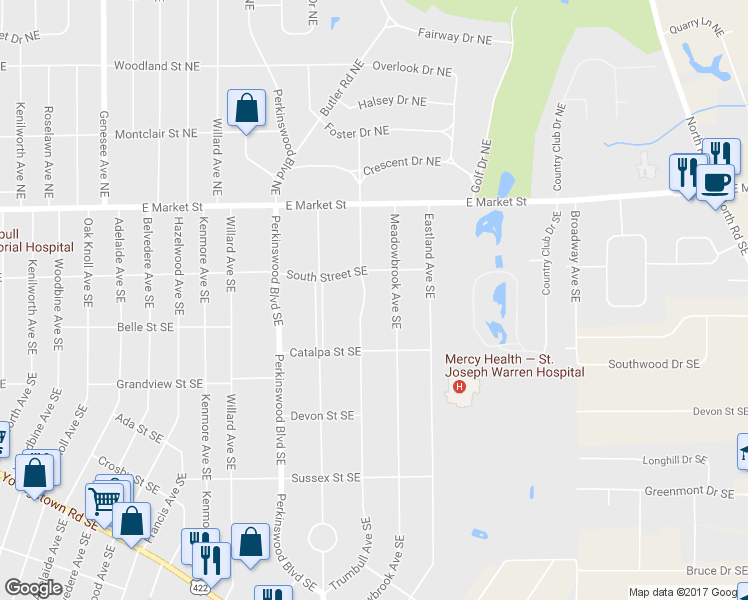 map of restaurants, bars, coffee shops, grocery stores, and more near 361 Trumbull Avenue Southeast in Warren