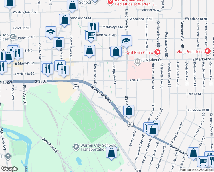 map of restaurants, bars, coffee shops, grocery stores, and more near 341 Charles Avenue Northeast in Cortland