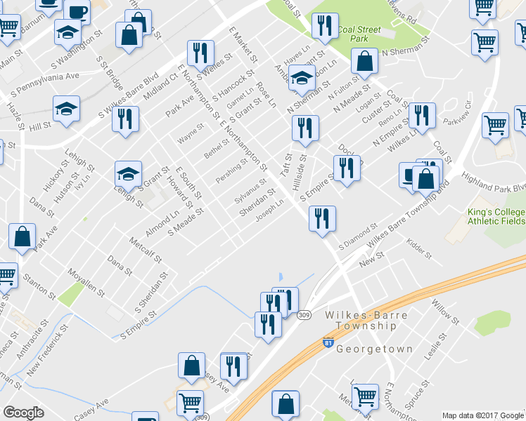 map of restaurants, bars, coffee shops, grocery stores, and more near 56 Sheridan Street in Wilkes-Barre
