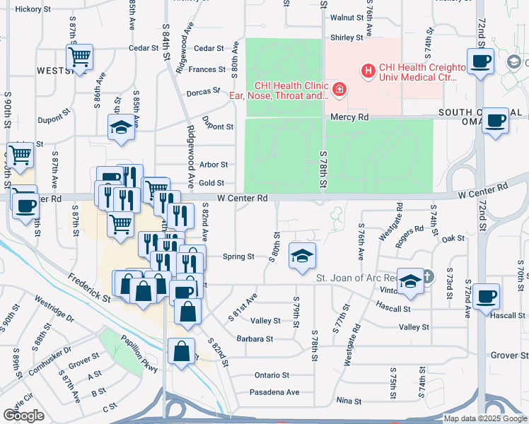 map of restaurants, bars, coffee shops, grocery stores, and more near 8015 West Center Road in Omaha