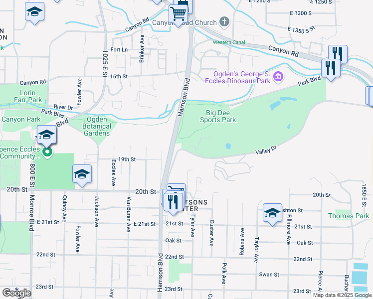 map of restaurants, bars, coffee shops, grocery stores, and more near 1300 Valley Drive in Ogden