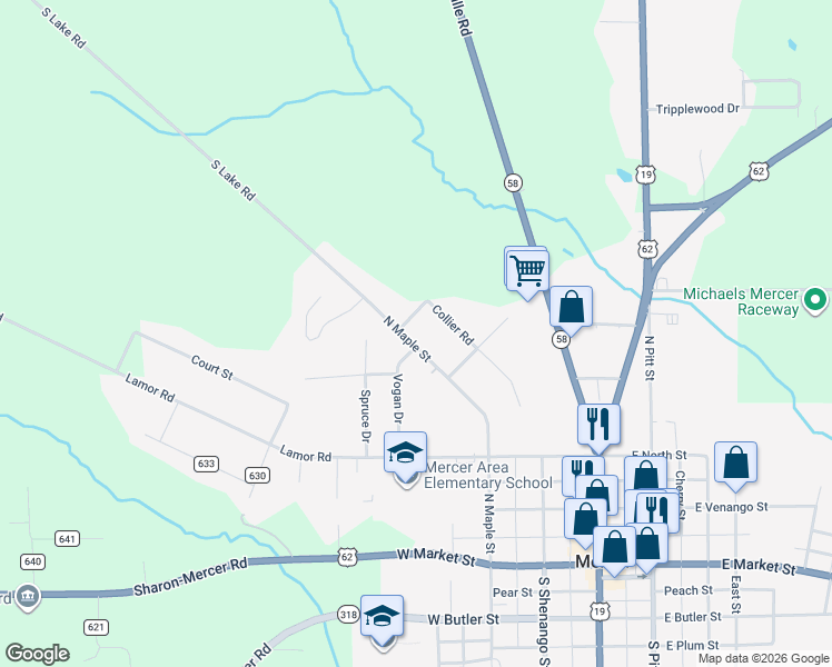 map of restaurants, bars, coffee shops, grocery stores, and more near 480 North Maple Street in Mercer