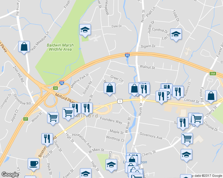 map of restaurants, bars, coffee shops, grocery stores, and more near 287 West River Street in Milford