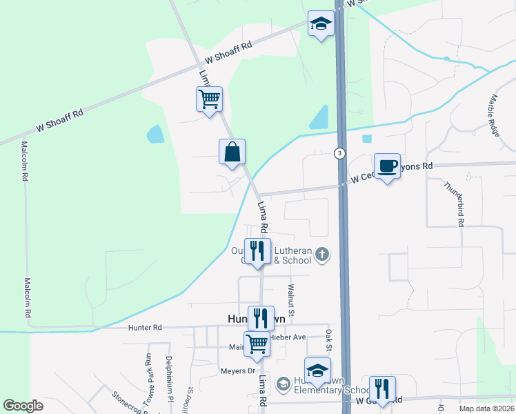 map of restaurants, bars, coffee shops, grocery stores, and more near 16127 Lima Road in Huntertown