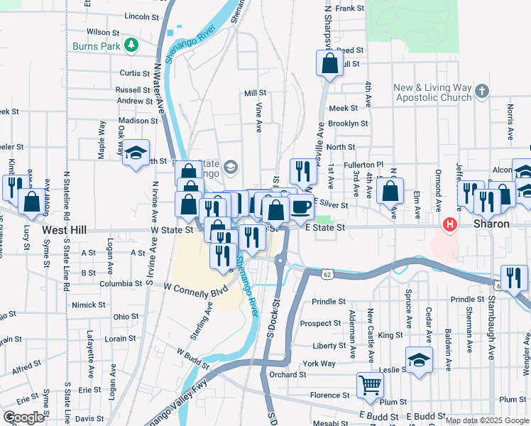 map of restaurants, bars, coffee shops, grocery stores, and more near 150 Pitt Street in Sharon