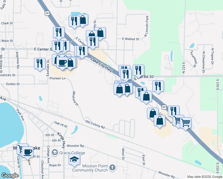map of restaurants, bars, coffee shops, grocery stores, and more near 3300 Frontage Road in Warsaw
