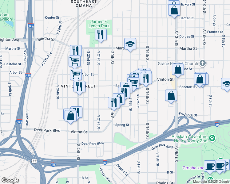 map of restaurants, bars, coffee shops, grocery stores, and more near 2726 South 19th Street in Omaha