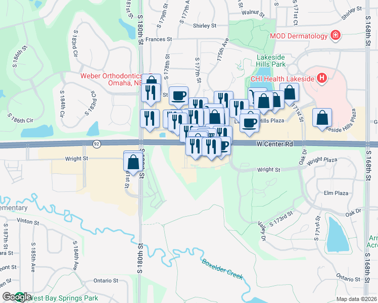 map of restaurants, bars, coffee shops, grocery stores, and more near 17650 Wright Street in Omaha