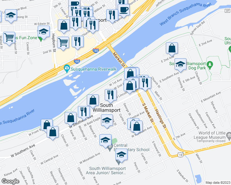 map of restaurants, bars, coffee shops, grocery stores, and more near 220 Matthews Boulevard in South Williamsport