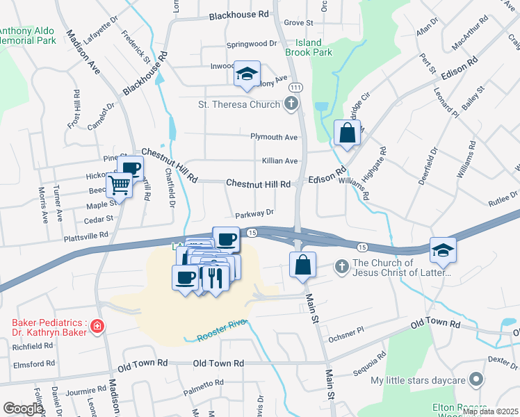 map of restaurants, bars, coffee shops, grocery stores, and more near 50 Parkway Drive in Trumbull