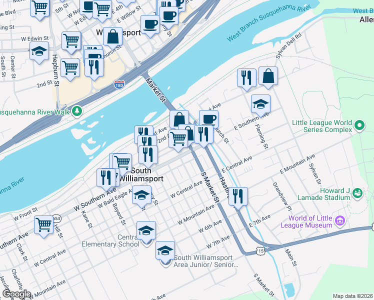 map of restaurants, bars, coffee shops, grocery stores, and more near 6 West Southern Avenue in South Williamsport