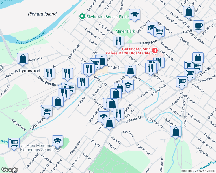 map of restaurants, bars, coffee shops, grocery stores, and more near 198 Division Street in Wilkes-Barre