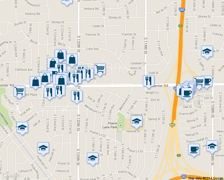 map of restaurants, bars, coffee shops, grocery stores, and more near 11706 Elm St in Omaha