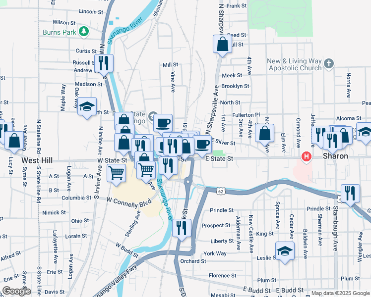 map of restaurants, bars, coffee shops, grocery stores, and more near 150 Pitt Street in Sharon